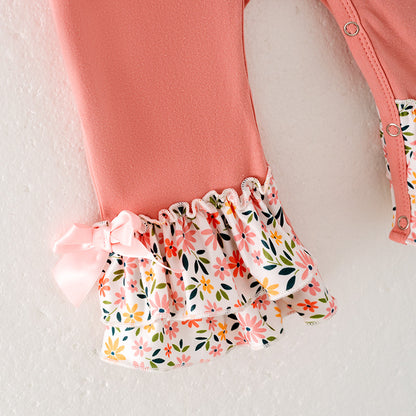 Baby Girls Thankful Grateful Blessed Print Coral Floral Ruffled Romper