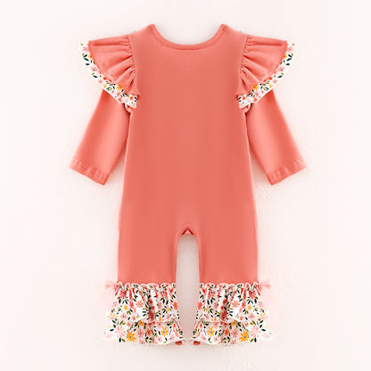 Baby Girls Thankful Grateful Blessed Print Coral Floral Ruffled Romper