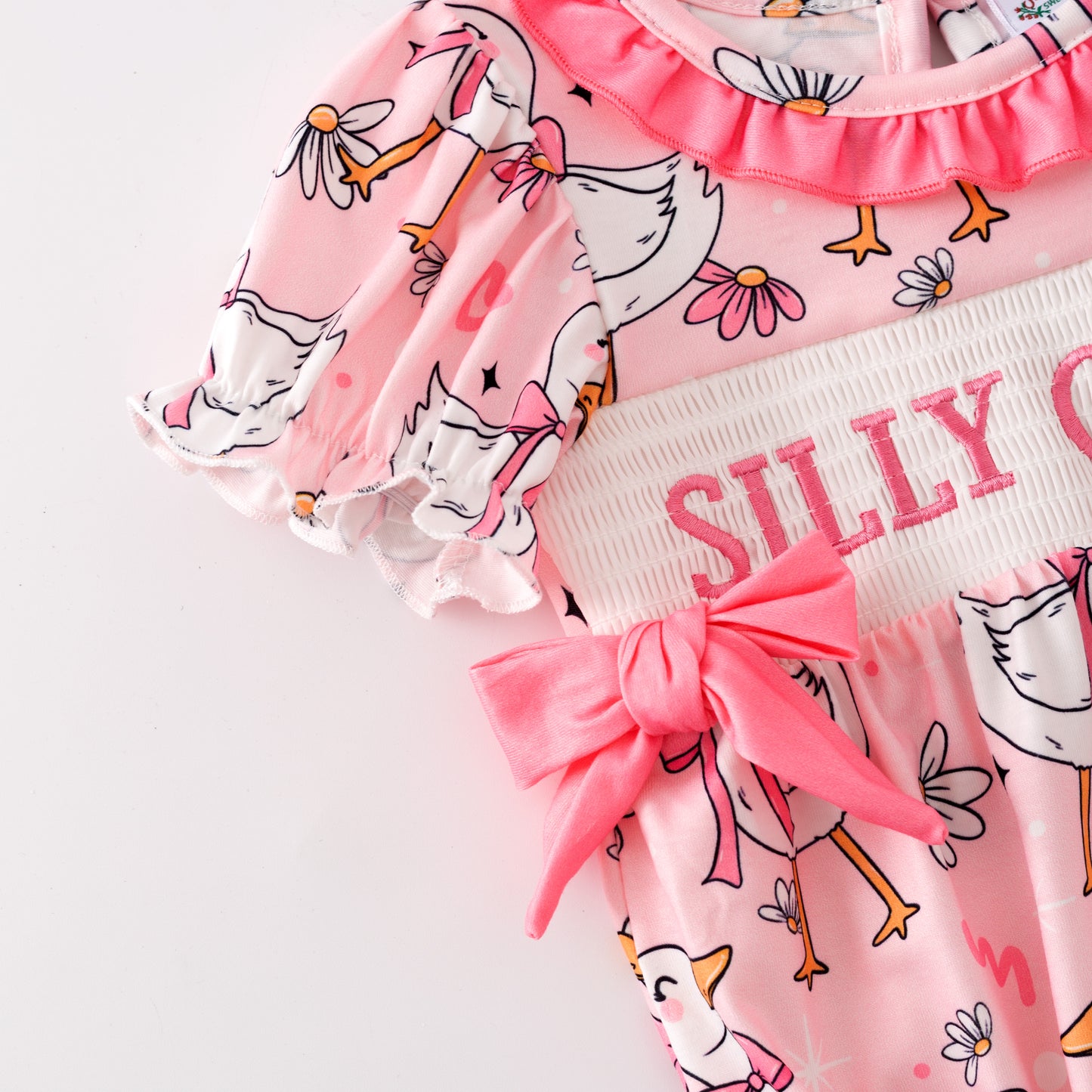 Baby Kids SILLY GOOSE Print Smocked Embroidered Romper