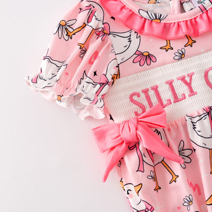 Baby Kids SILLY GOOSE Print Smocked Embroidered Romper