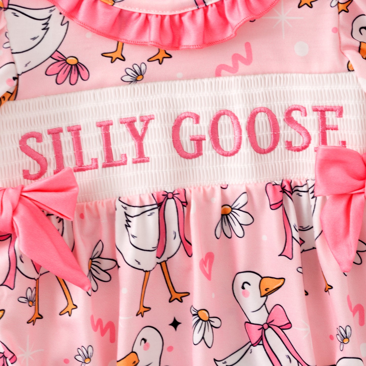 Baby Kids SILLY GOOSE Print Smocked Embroidered Romper
