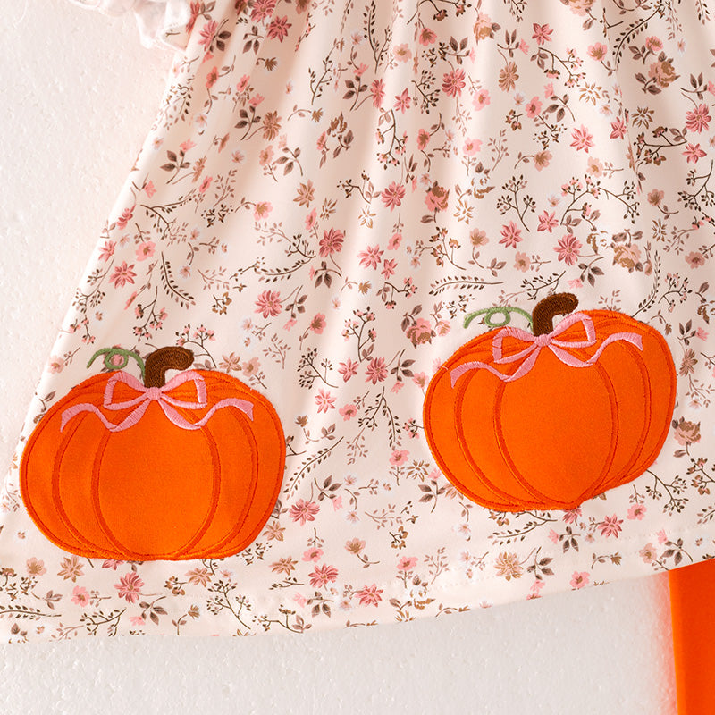 Girls Thanksgiving Pumpkin Thankful Embroidery Orange Floral Set