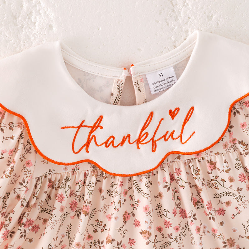 Girls Thanksgiving Pumpkin Thankful Embroidery Orange Floral Set