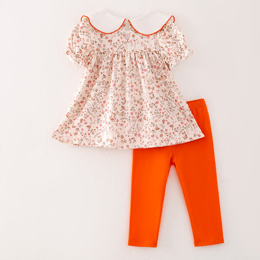 Girls Thanksgiving Pumpkin Thankful Embroidery Orange Floral Set