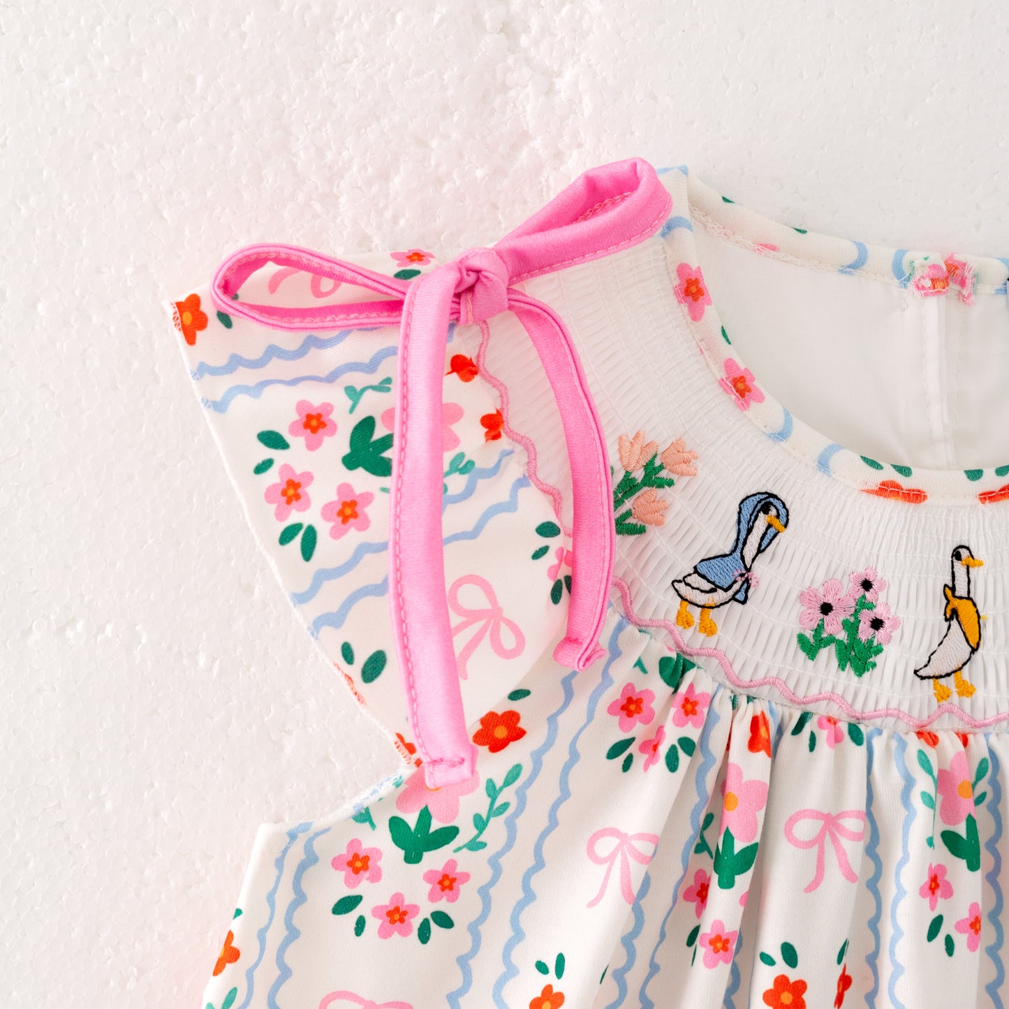 Girls Summer Pink Floral Silly Goose Embroidery Smock Dress Romper