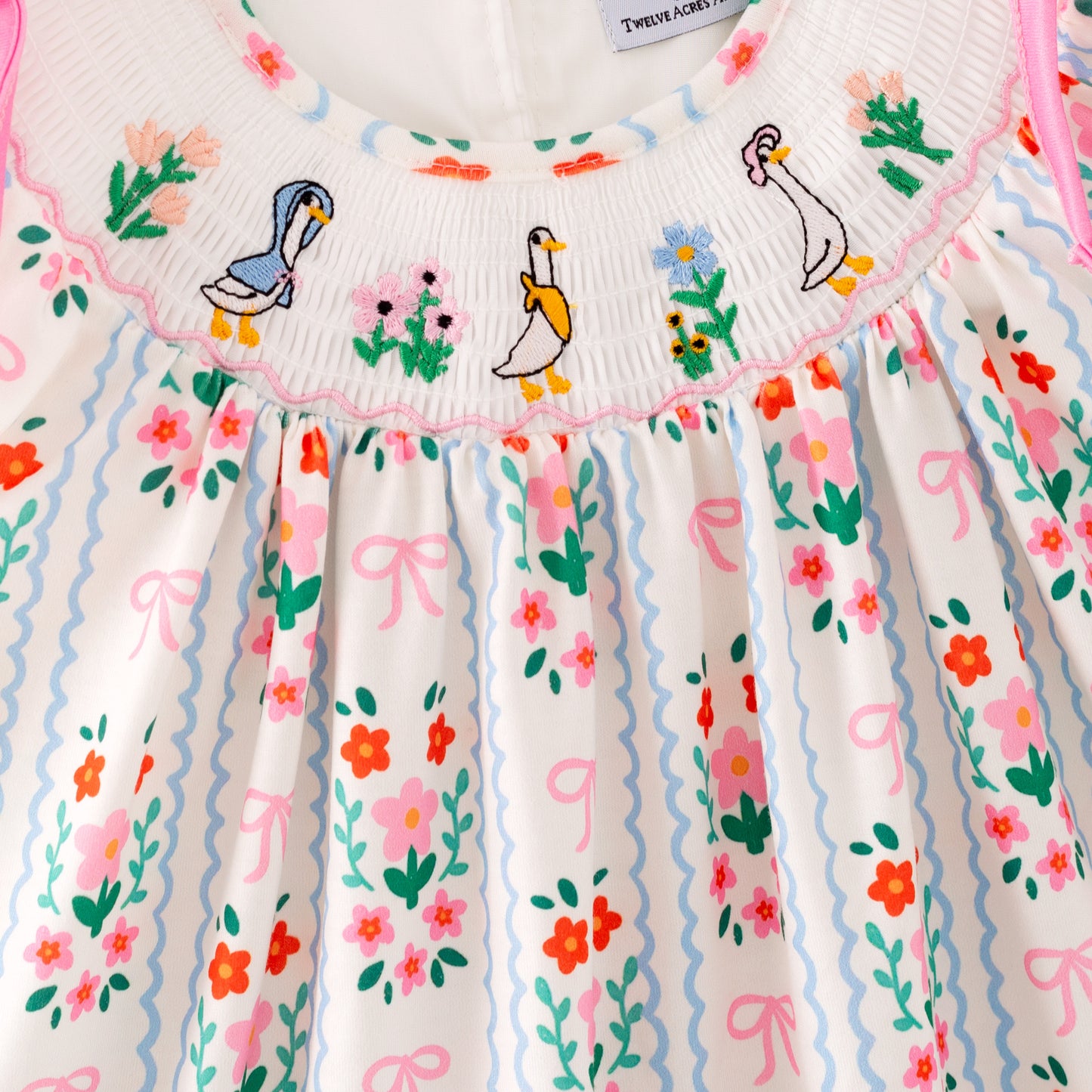 Girls Summer Pink Floral Silly Goose Embroidery Smock Dress Romper