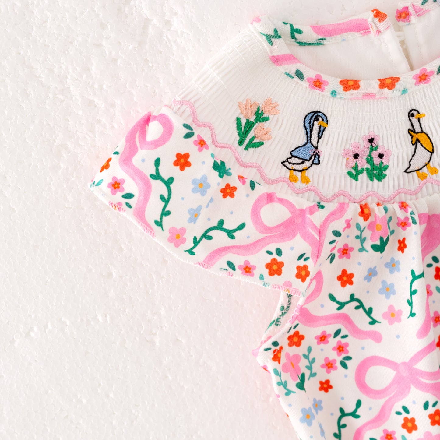 Girls Summer Pink Floral Silly Goose Smock Embroidery Romper