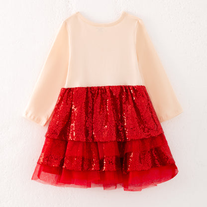 Girls Christmas SANTA'S BESTIE Red Sequins Tulle Ruffled Dress