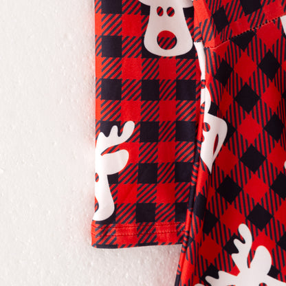 Girls Christmas Reindeer Red Black Plaid Long Sleeves Dress