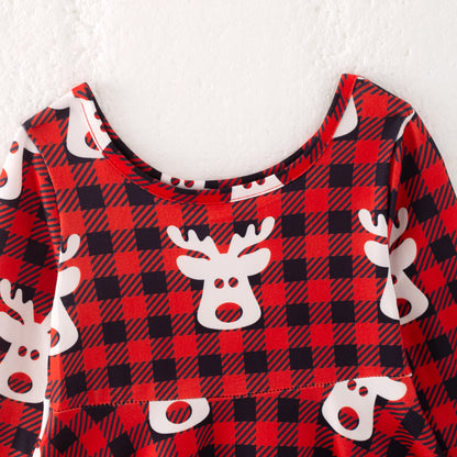 Girls Christmas Reindeer Red Black Plaid Long Sleeves Dress
