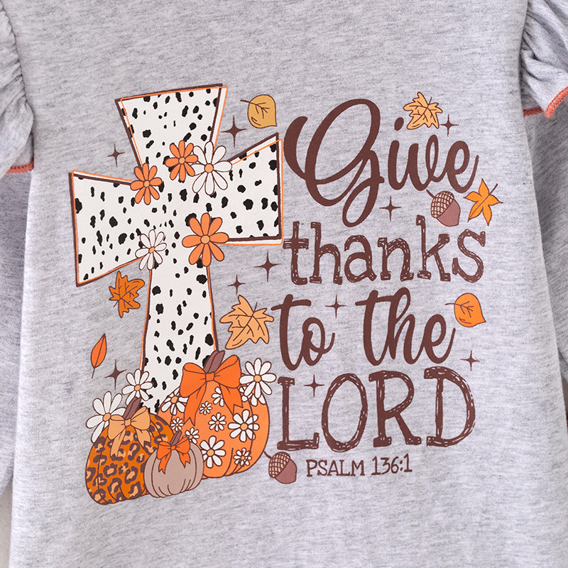Girls Thanksgiving Pumpkin Cross Print Grey Coral Pant Set
