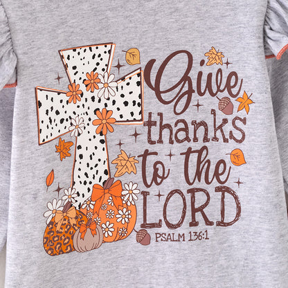 Girls Thanksgiving Pumpkin Cross Print Grey Coral Pant Set