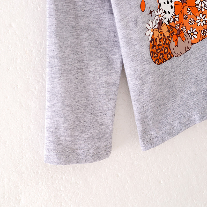 Girls Thanksgiving Pumpkin Cross Print Grey Coral Pant Set