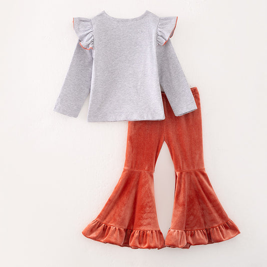 Girls Thanksgiving Pumpkin Cross Print Grey Coral Pant Set