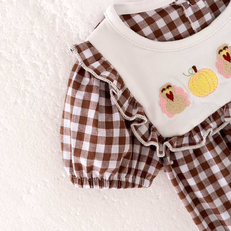 Girls Thanksgiving Pumpkin Turkey Embroidery Brown Plaid Romper
