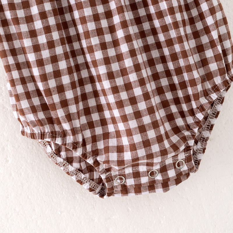 Girls Thanksgiving Pumpkin Turkey Embroidery Brown Plaid Romper