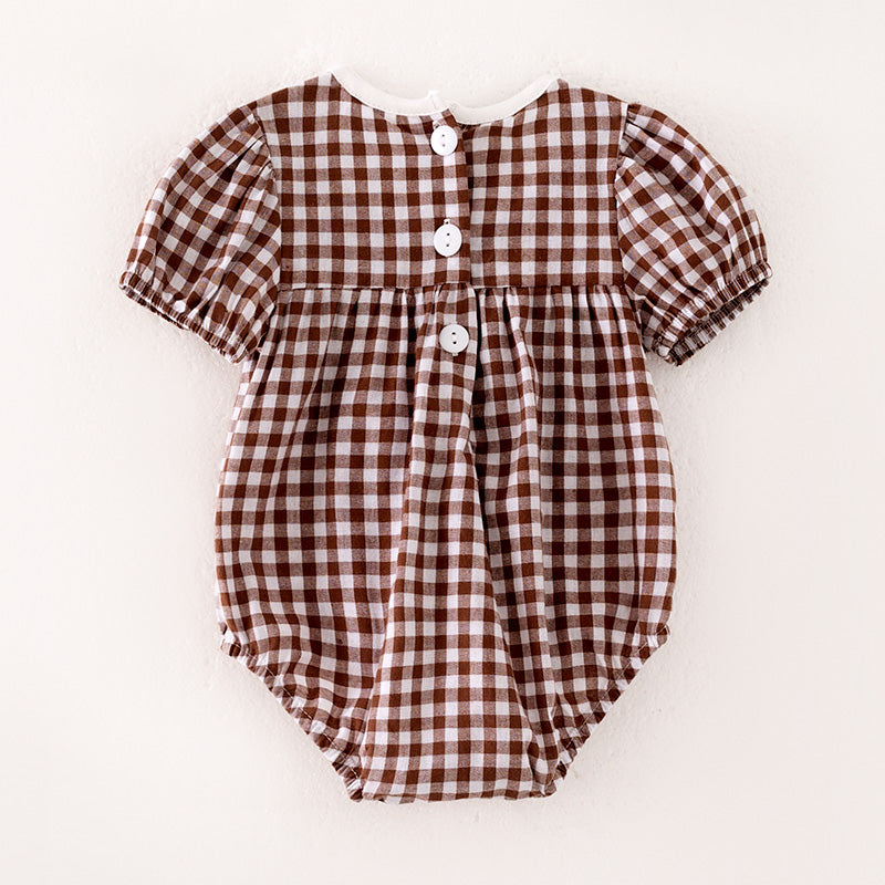 Girls Thanksgiving Pumpkin Turkey Embroidery Brown Plaid Romper