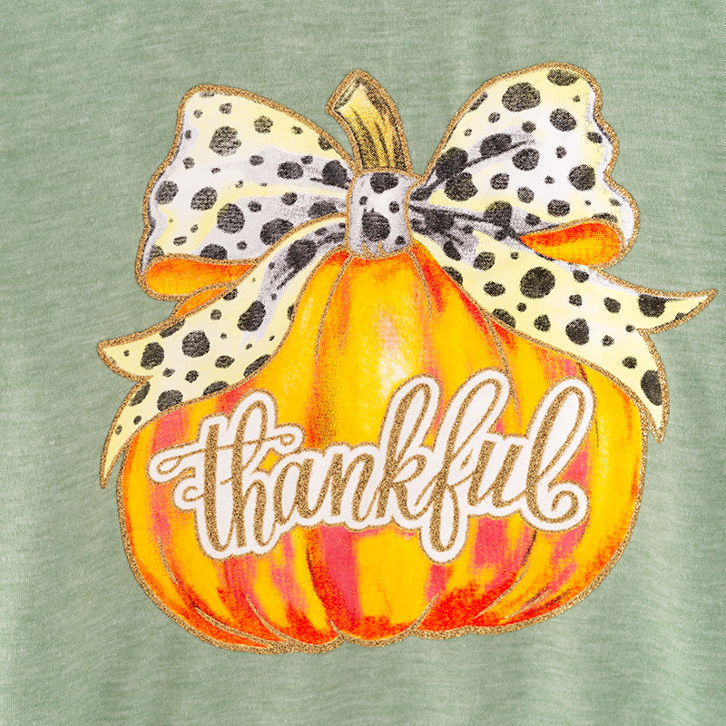 Girls Thanksgiving Pumpkin Bow Ruffled Green Sweatshirt