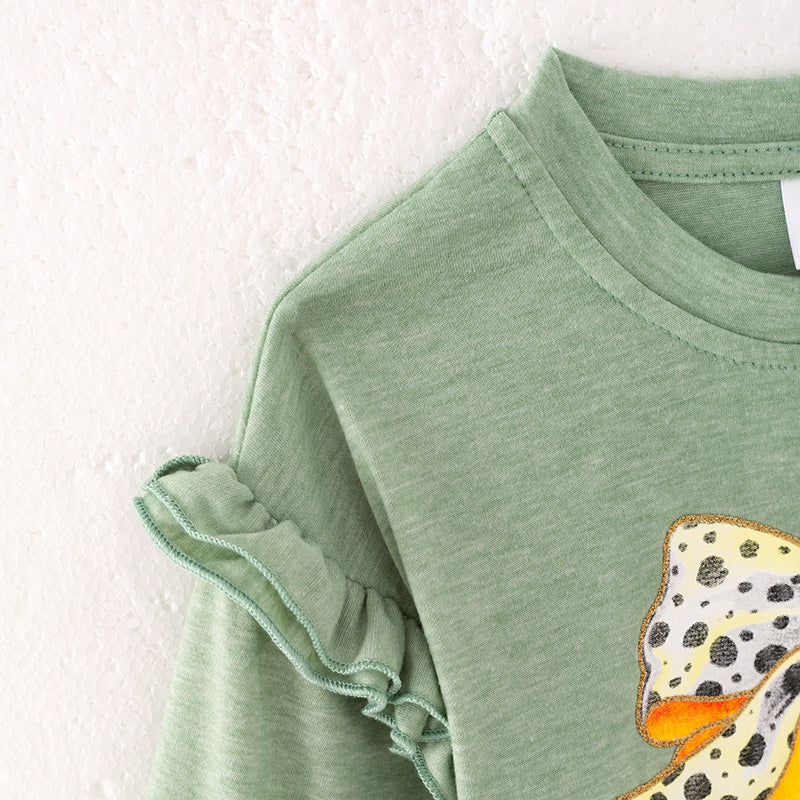 Girls Thanksgiving Pumpkin Bow Ruffled Green Sweatshirt
