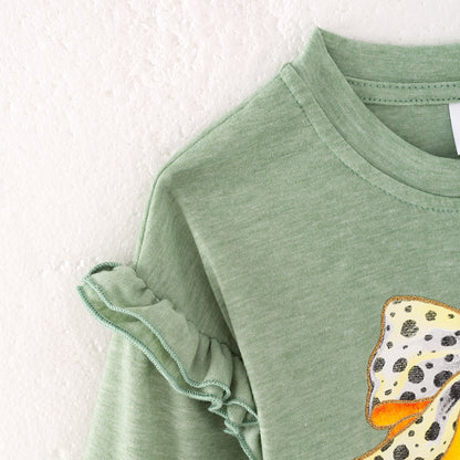 Girls Thanksgiving Pumpkin Bow Ruffled Green Sweatshirt