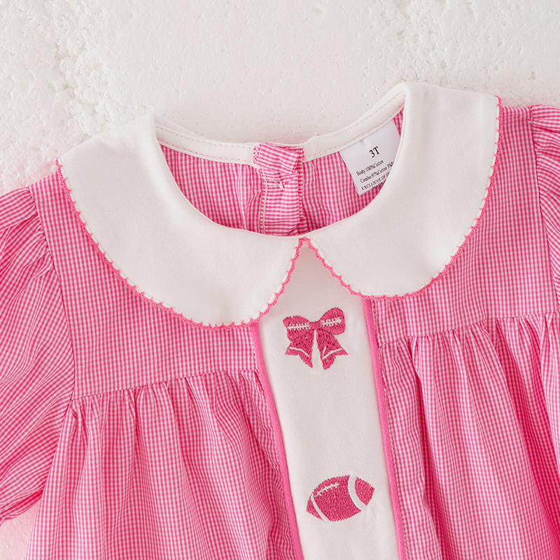 Girls Fall Football Bow Pink Plaid Embroidery Short Sleeves Cotton Dress