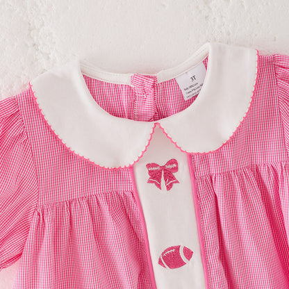 Girls Fall Football Bow Pink Plaid Embroidery Short Sleeves Cotton Dress