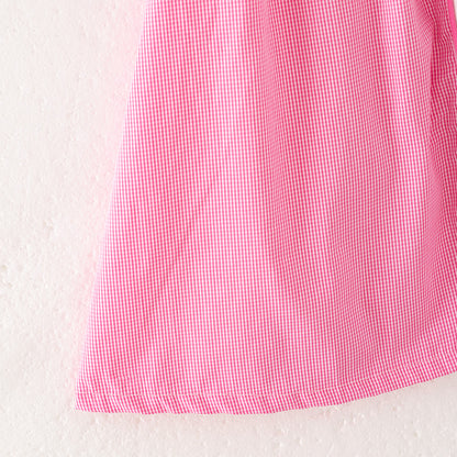Girls Fall Football Bow Pink Plaid Embroidery Short Sleeves Cotton Dress