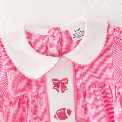 Baby Girls Pink Football Bow Embroidery Bubble Romper