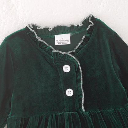 Girls Christmas Green long Sleeves Velvet Ruffled Dress