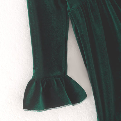 Girls Christmas Green long Sleeves Velvet Ruffled Dress