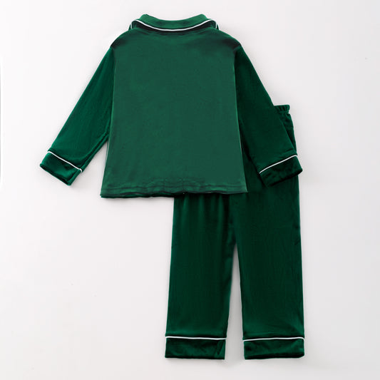 Boys Christmas Green Velvet Long Sleeves Pant Pajamas Set