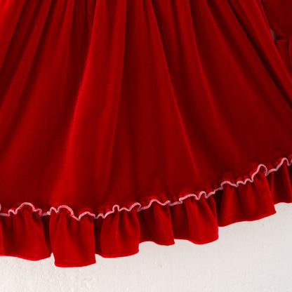 Girls Christmas Red long Sleeves Velvet Ruffled Dress