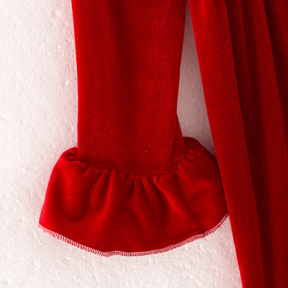 Girls Christmas Red long Sleeves Velvet Ruffled Dress