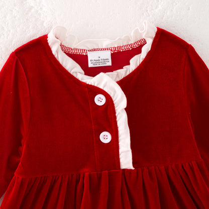 Girls Christmas Red long Sleeves Velvet Ruffled Dress