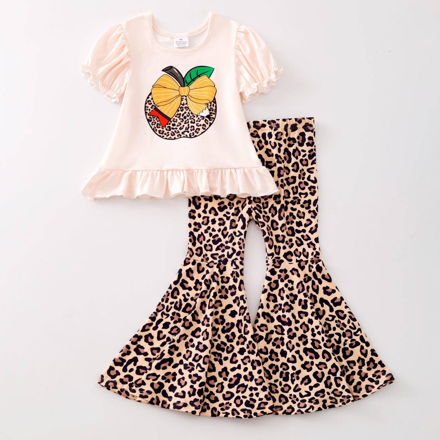 Girls Back To School Pencil Apple Print Bell Pant Set