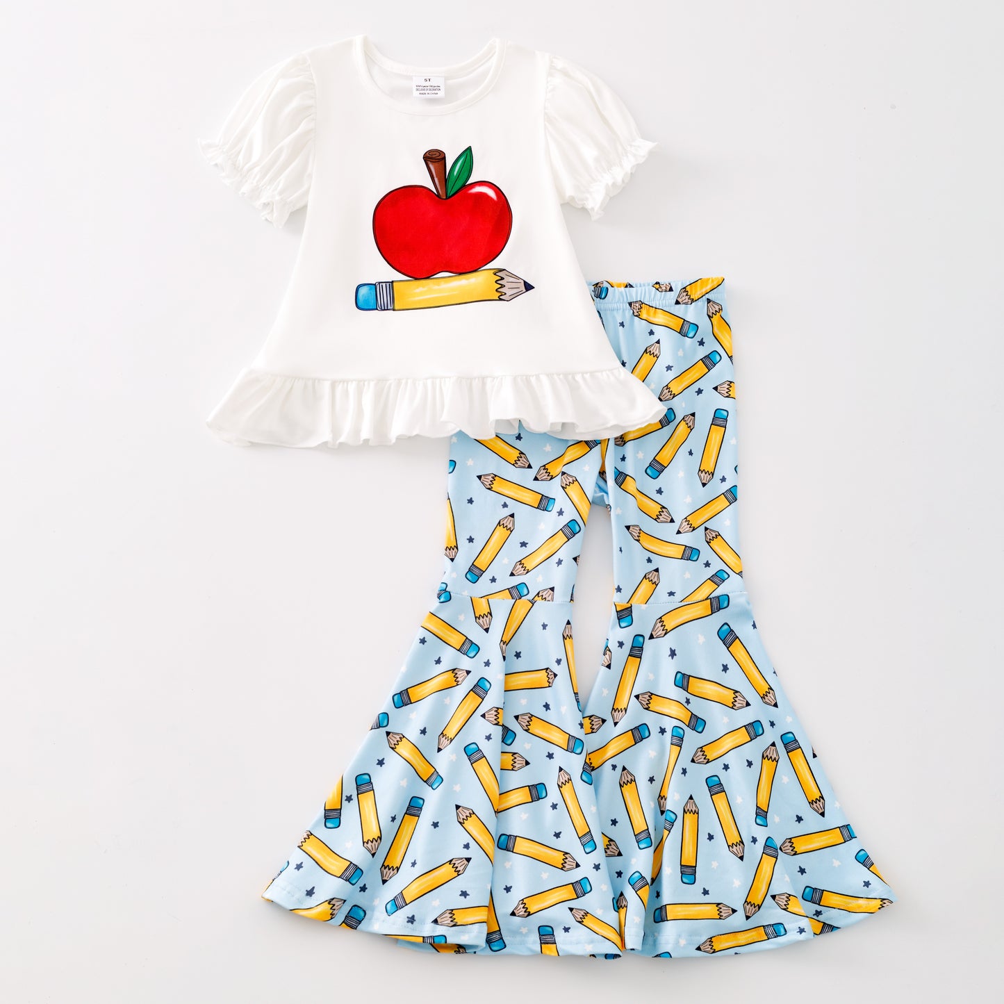 Girls Back To School Pencil Apple Print Bell Pant Set