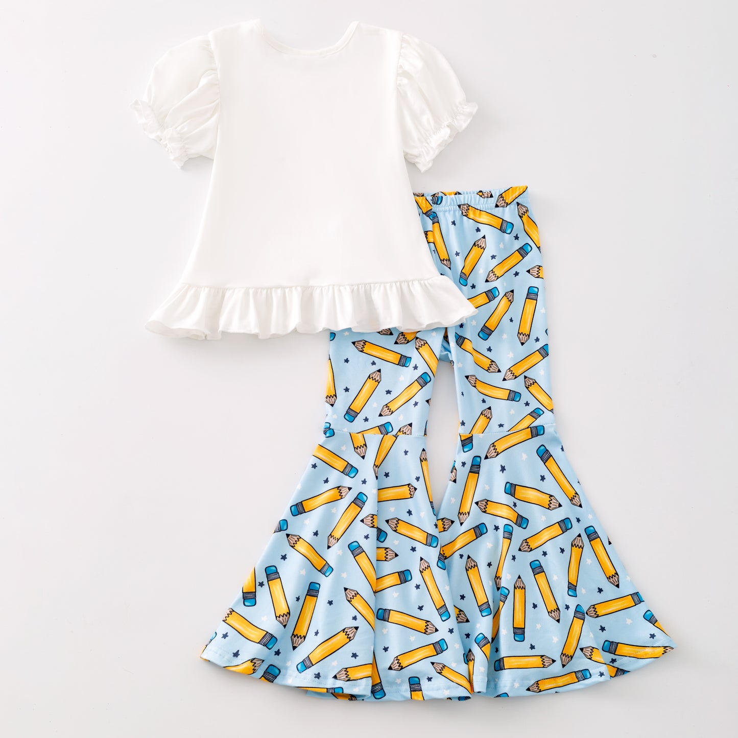 Girls Back To School Pencil Apple Print Bell Pant Set