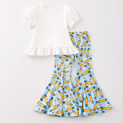 Girls Back To School Pencil Apple Print Bell Pant Set