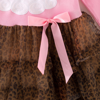Girls Christmas Pink Santa Embroidery Leopard Tulle Dress