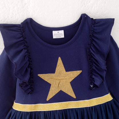Girls Christmas Navy Gold Glitter Long Sleeves Dress
