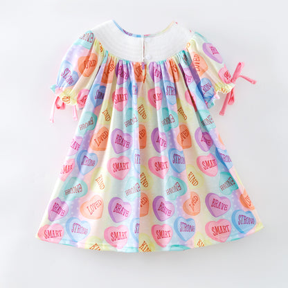 Girls Valentine's Day Heart XOXO Smock Embroidery Dress