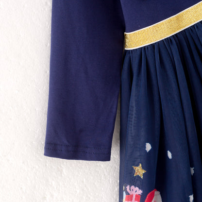 Girls Christmas Navy Gold Glitter Long Sleeves Dress