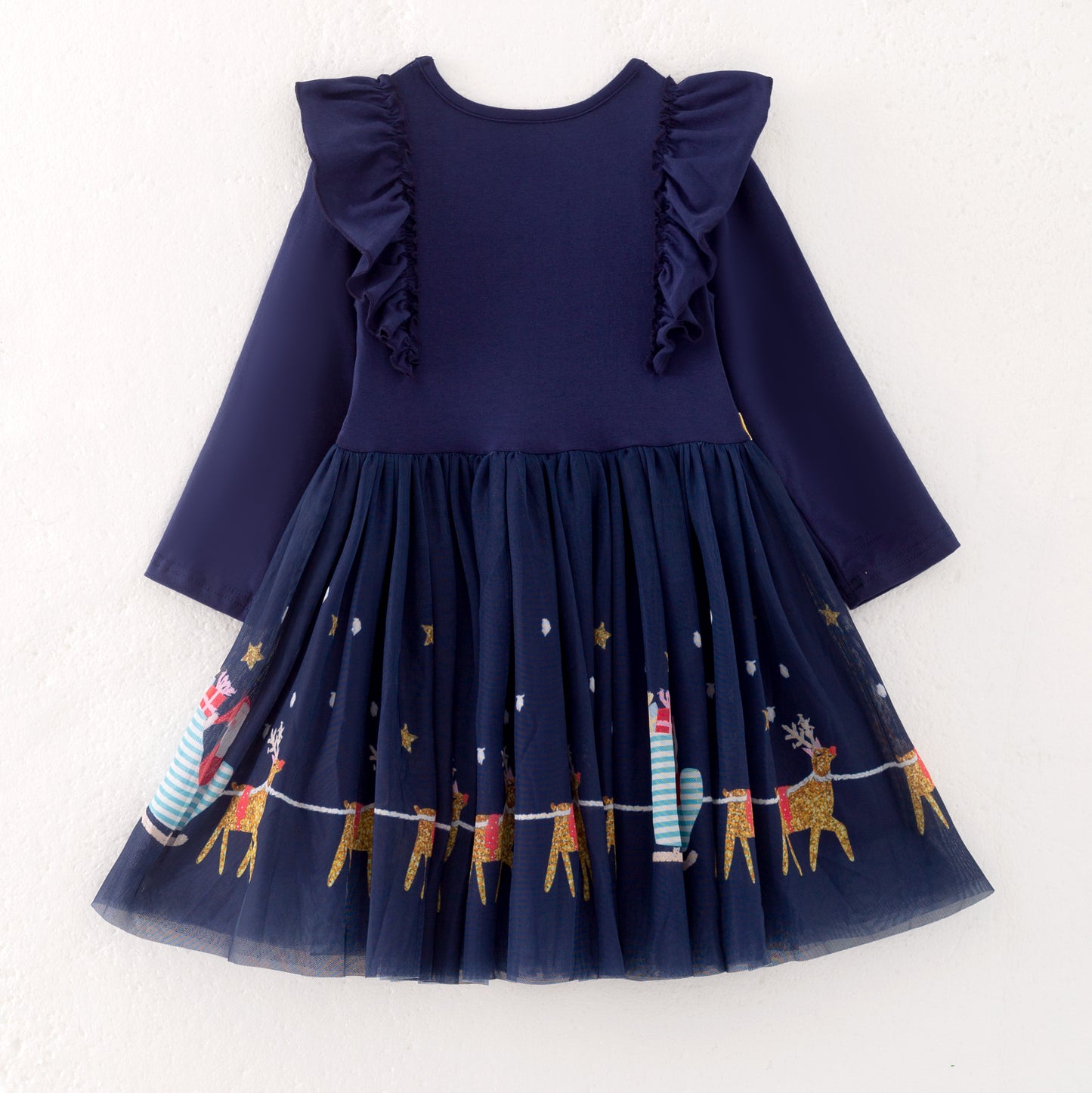 Girls Christmas Navy Gold Glitter Long Sleeves Dress
