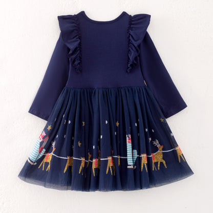 Girls Christmas Navy Gold Glitter Long Sleeves Dress