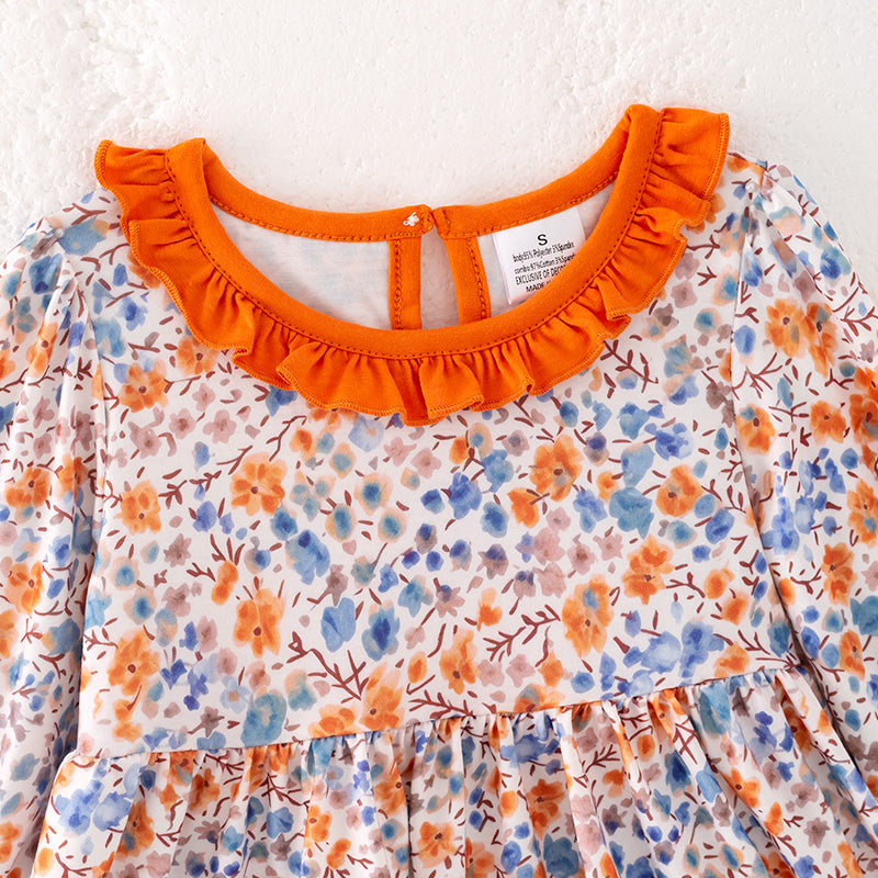 Girls Fall Autumn Orange Floral Print 2-Pieces Pant Set