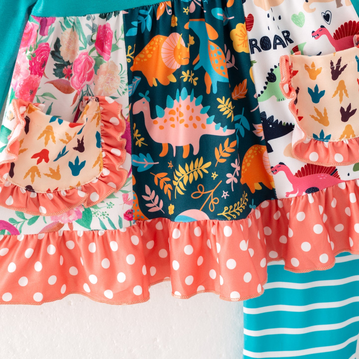 Girls Fall Winter Floral Blue Stripes Patchwork Pocket Pant Set