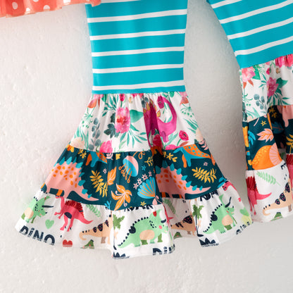 Girls Fall Winter Floral Blue Stripes Patchwork Pocket Pant Set