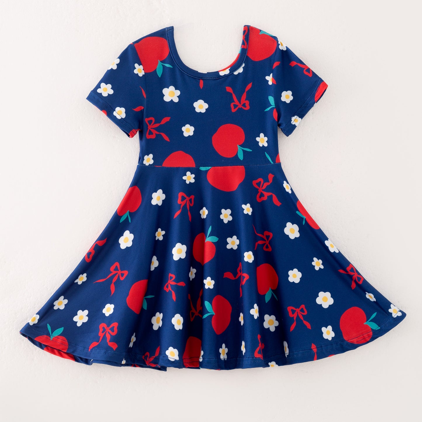 Fashion Girls Back To School Navy Bow Apple Twirl Dress