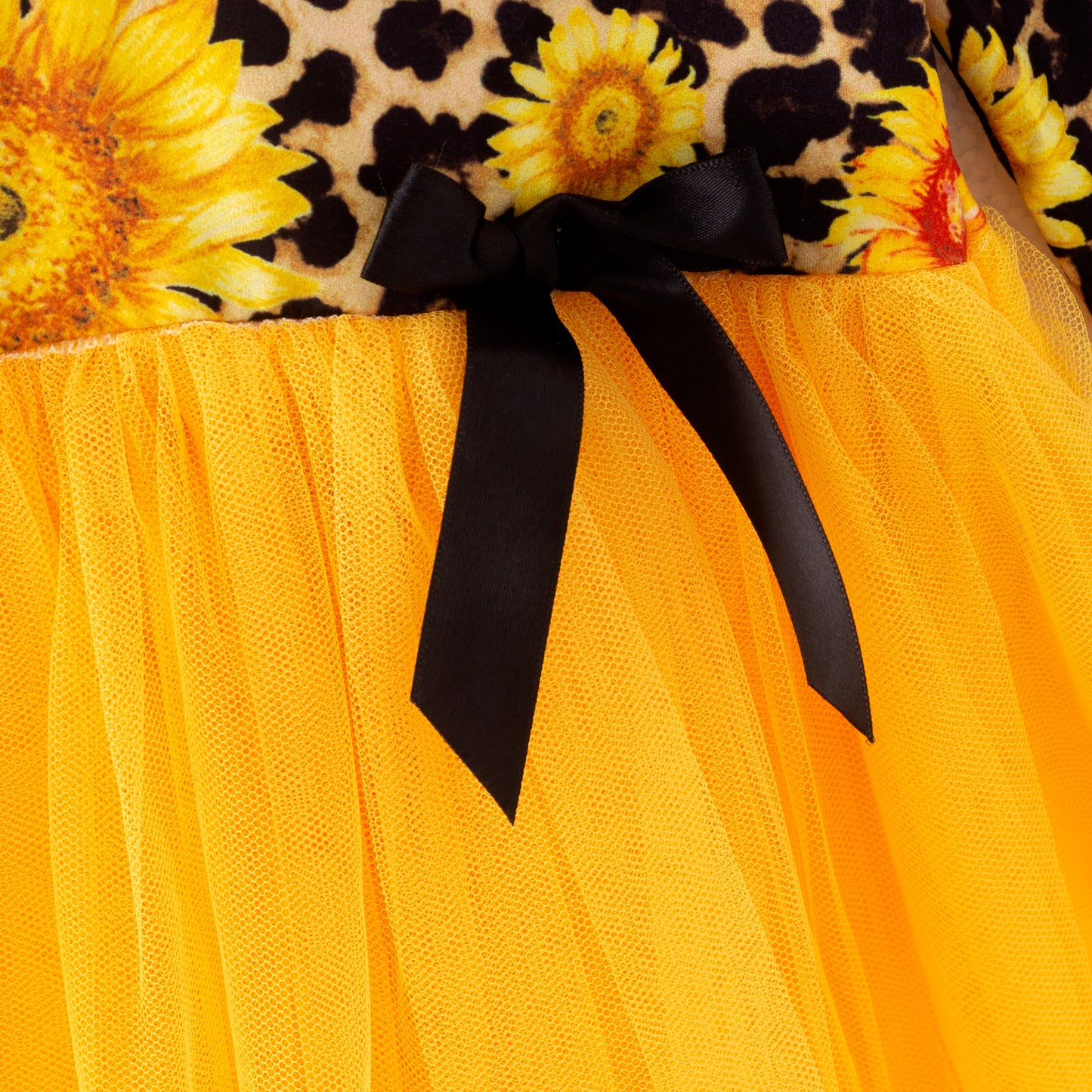 Girls Fall Sunflower Leopard Print Yellow Tulle Long Sleeves Dress