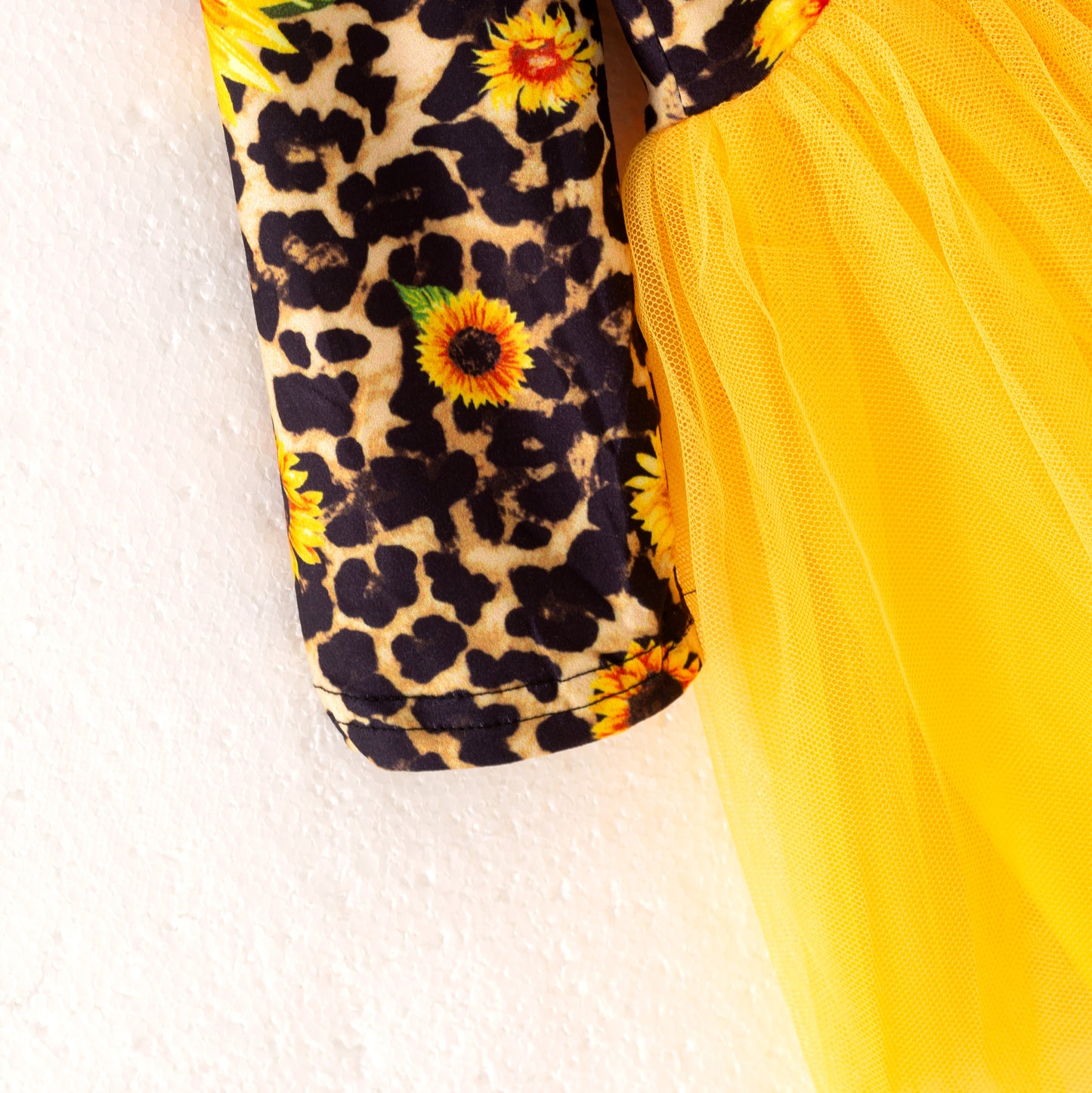Girls Fall Sunflower Leopard Print Yellow Tulle Long Sleeves Dress